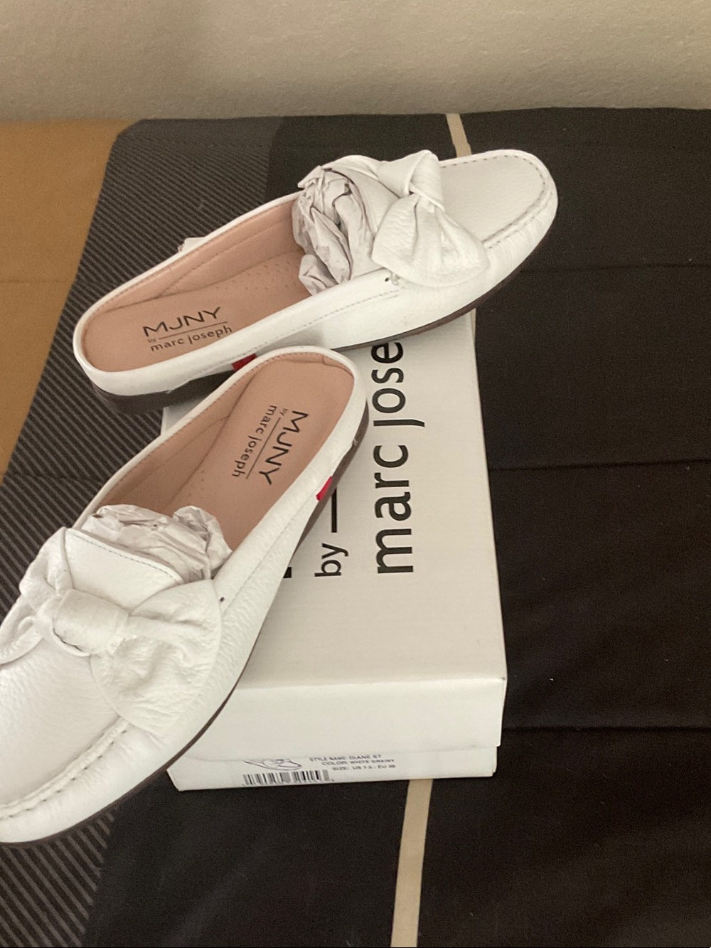 Marc Joseph White Leather Bow Mule Slides for Women